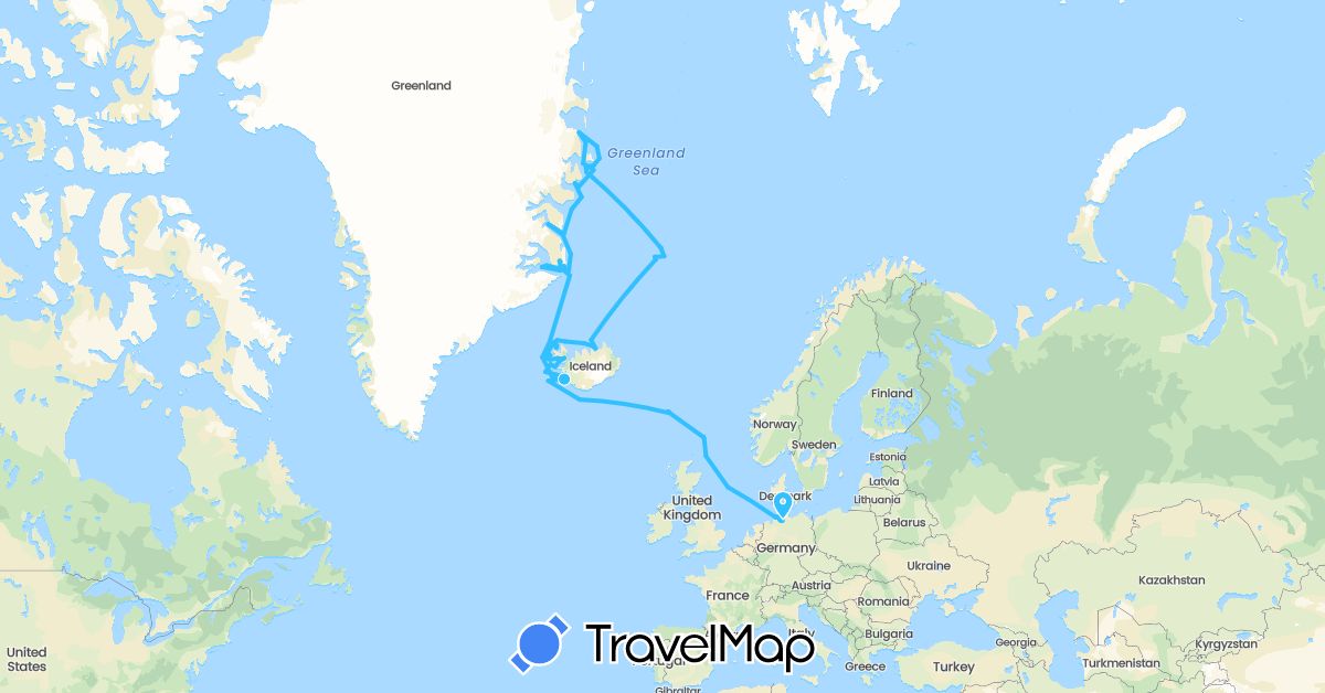 TravelMap itinerary: driving, boat in Germany, Faroe Islands, United Kingdom, Greenland, Iceland, Norway (Europe, North America)